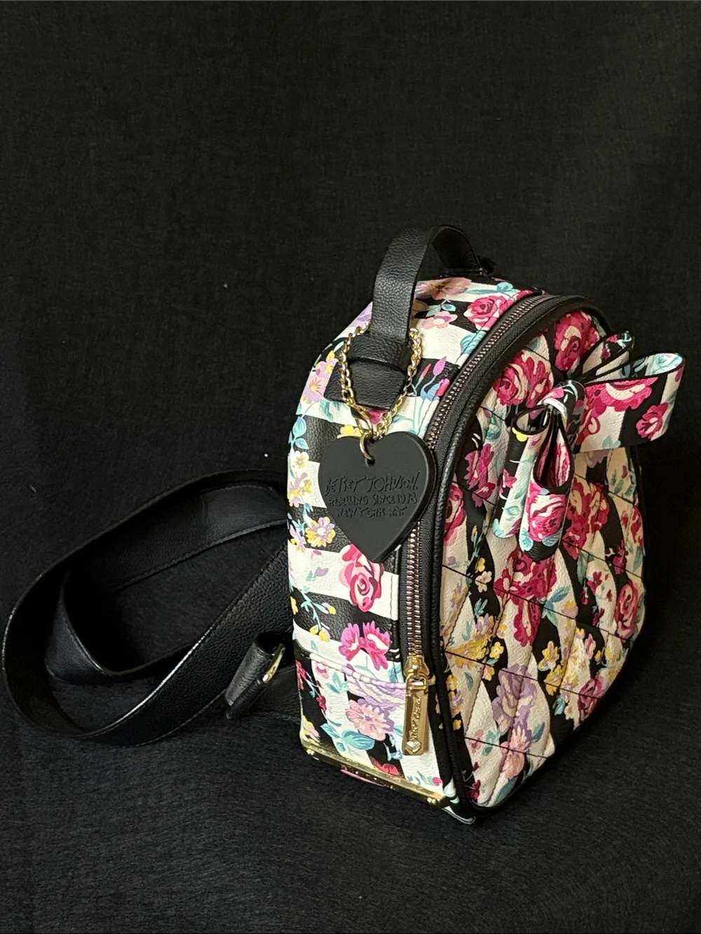 Betsey Johnson Black & White Striped with Floral Mini Backpack with Bow LIKE NEW